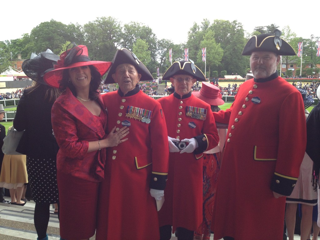 3 Chelsea Pensioners and Vanessa Vallely at Ascot Racecourse 2012