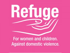 Refuge logo in white over a pink background