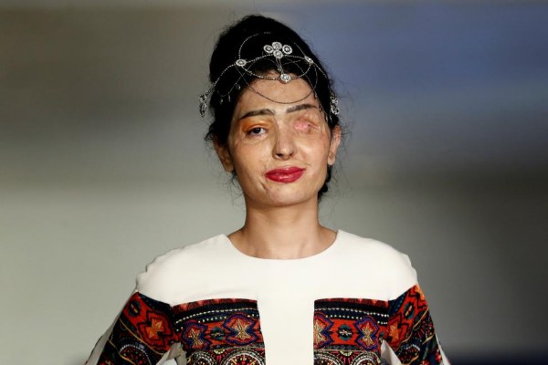 Indian model and acid attack survivor Reshma Quereshi presents a creation from Indian designer Archana Kochhar's Spring/Summer 2017 collection during New York Fashion Week in the Manhattan borough of New York