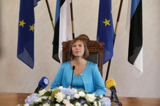 Newly-elected Estonia's President Kaljulaid listens during a news conference after the vote in the country's Parliament in Tallinn